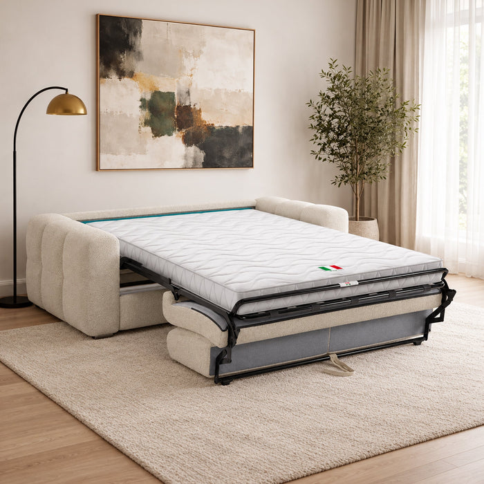 SAMINA Canapé 3 places convertible en tissu bouclette beige matelas Memory 14 cm – Canapés convertibles – vue 2