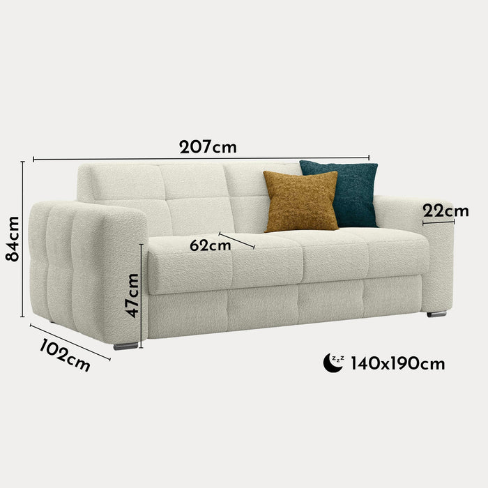 SAMINA Canapé 3 places convertible en tissu bouclette beige matelas Memory 14 cm