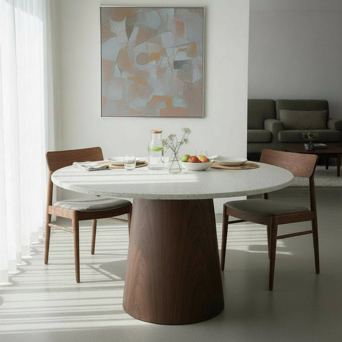 SANA XL Table à manger ronde en marbre composite pieds couleur bois foncé 120 cm