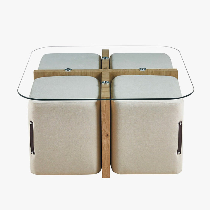 SHANA Table basse en verre socle couleur bois avec 4 poufs en tissu blanc écru