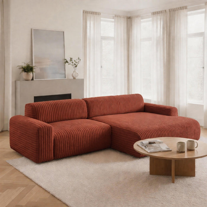 SOFIA Canapé d'angle en velours gros côtelé terracotta - Angle droit
