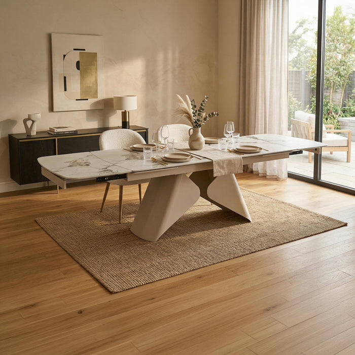 STACY Table à manger extensible en céramique couleur marbre blanc pieds en métal 160-240 cm