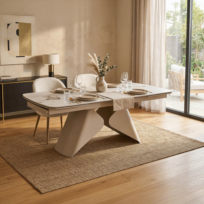 STACY Table à manger extensible en céramique couleur marbre blanc pieds en métal 160-240 cm