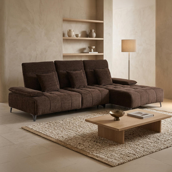 TIAM Canapé d'angle relax électrique en tissu matelassé marron - Angle droit – Canapé relax Mobilier Deco