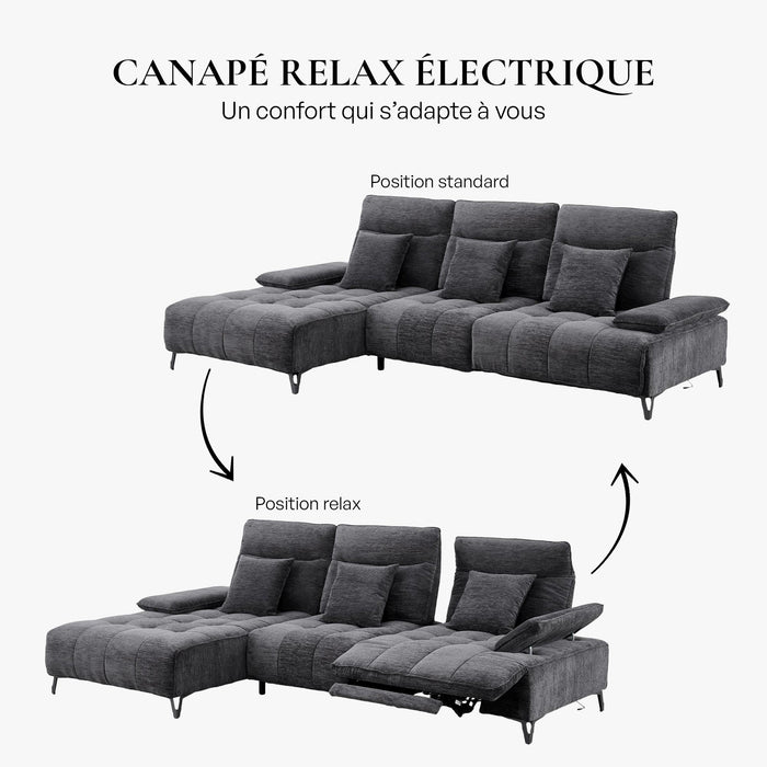 TIAM Canapé d'angle relax électrique en tissu matelassé noir - Angle gauche