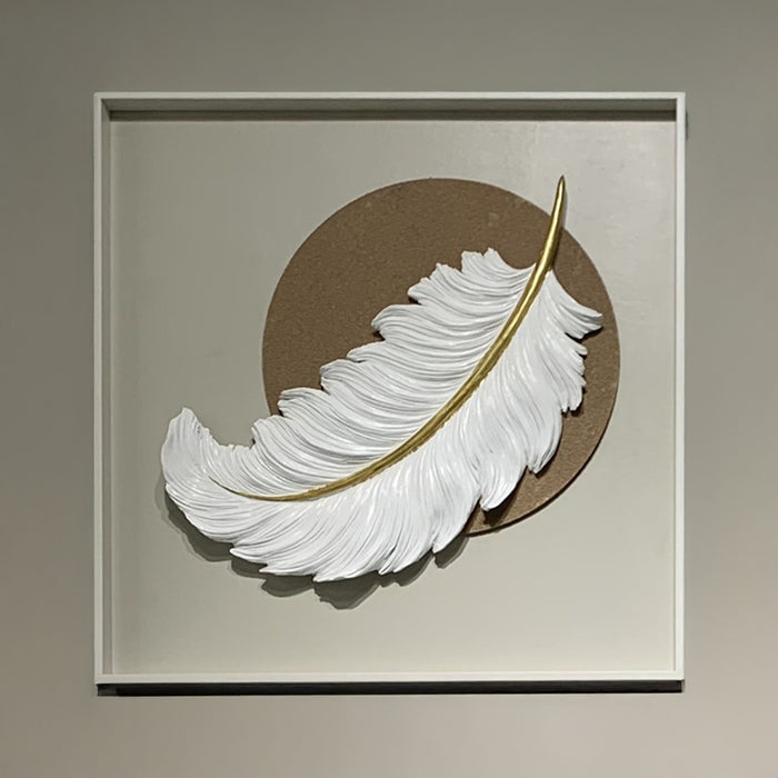 TIYA Tableau peinture à l'huile beige plume en relief cadre en aluminium - 50x50 cm