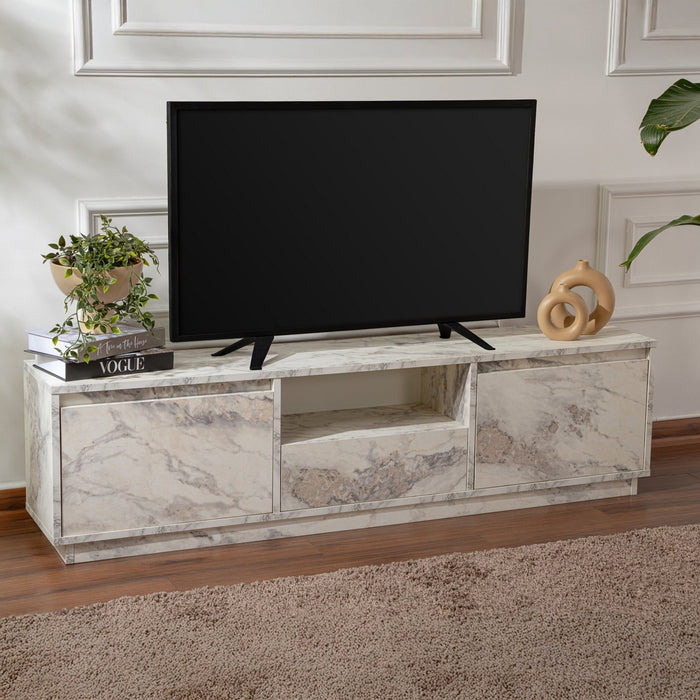 VIANA Meuble TV 3 portes 1 niche couleur marbre blanc et gris
