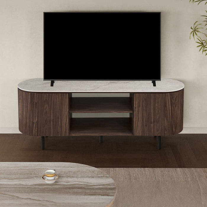 VIGO Meuble TV 2 portes et 2 niches en pierre frittée beige et couleur bois foncé Mobilier Deco