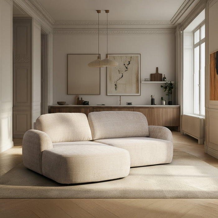 VIONA Canapé d'angle convertible avec coffre en tissu beige - Angle gauche