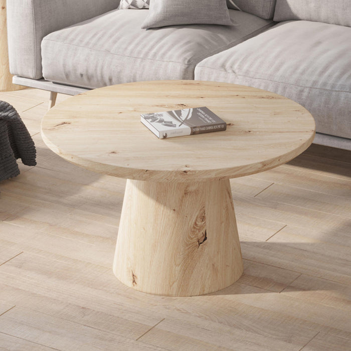 ZAYA Table basse ronde en bois couleur chêne vieilli piètement en cône