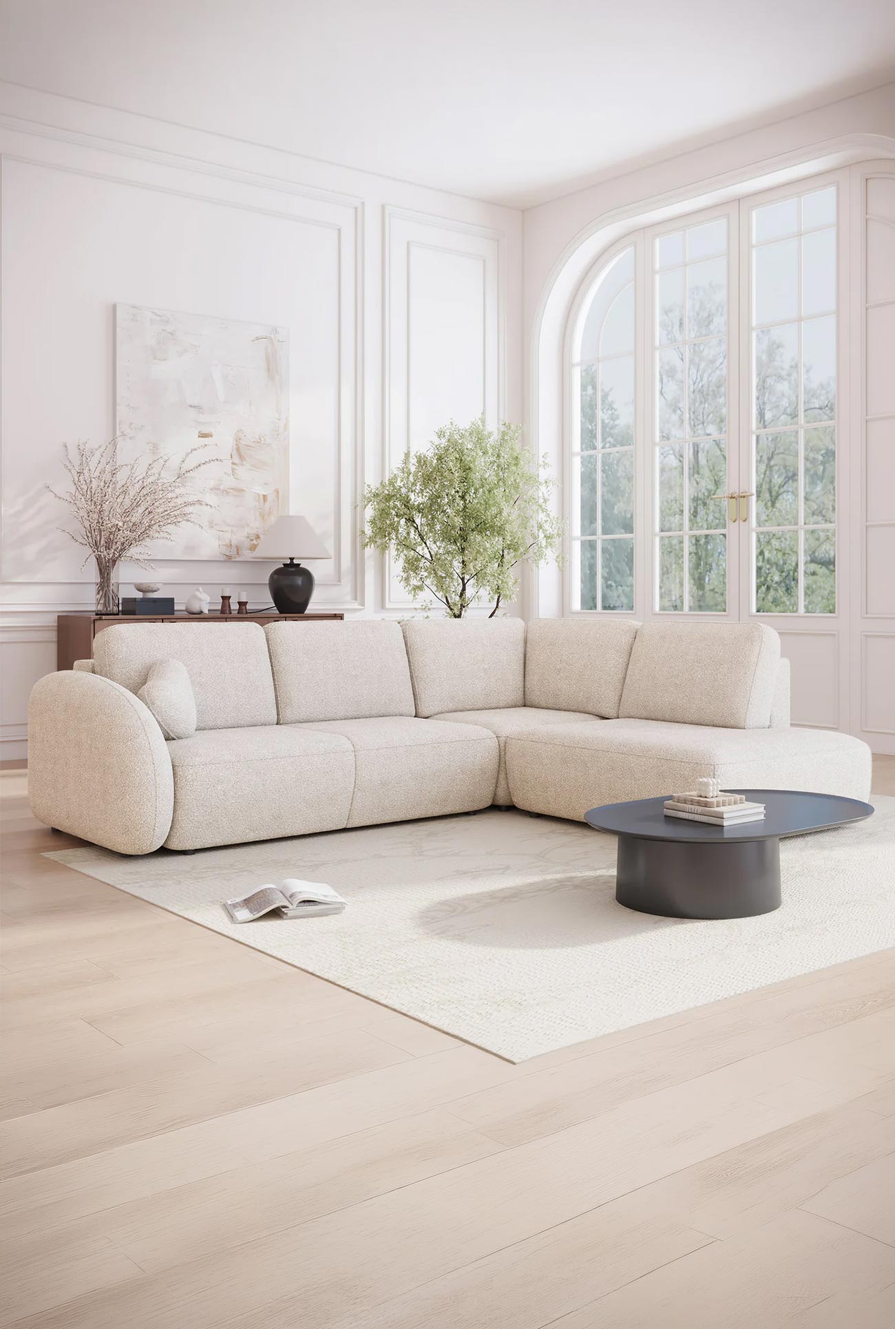 DJENA - Canapés d'angle convertibles avec coffre en tissu bouclette - Mobilier Deco