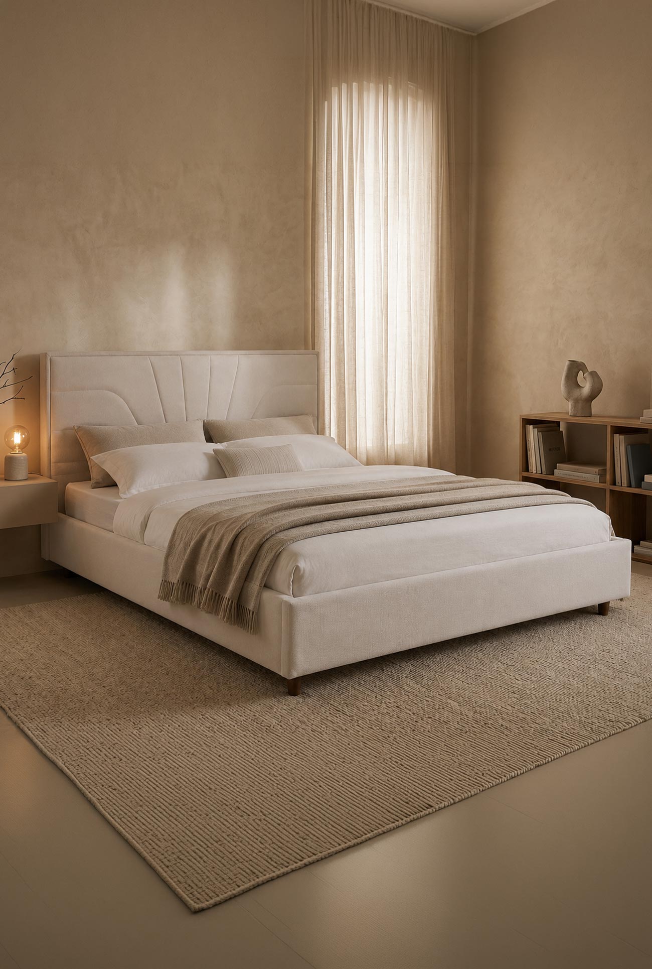 KIRA - Lits doubles en tissu beige avec coffre - Mobilier Deco