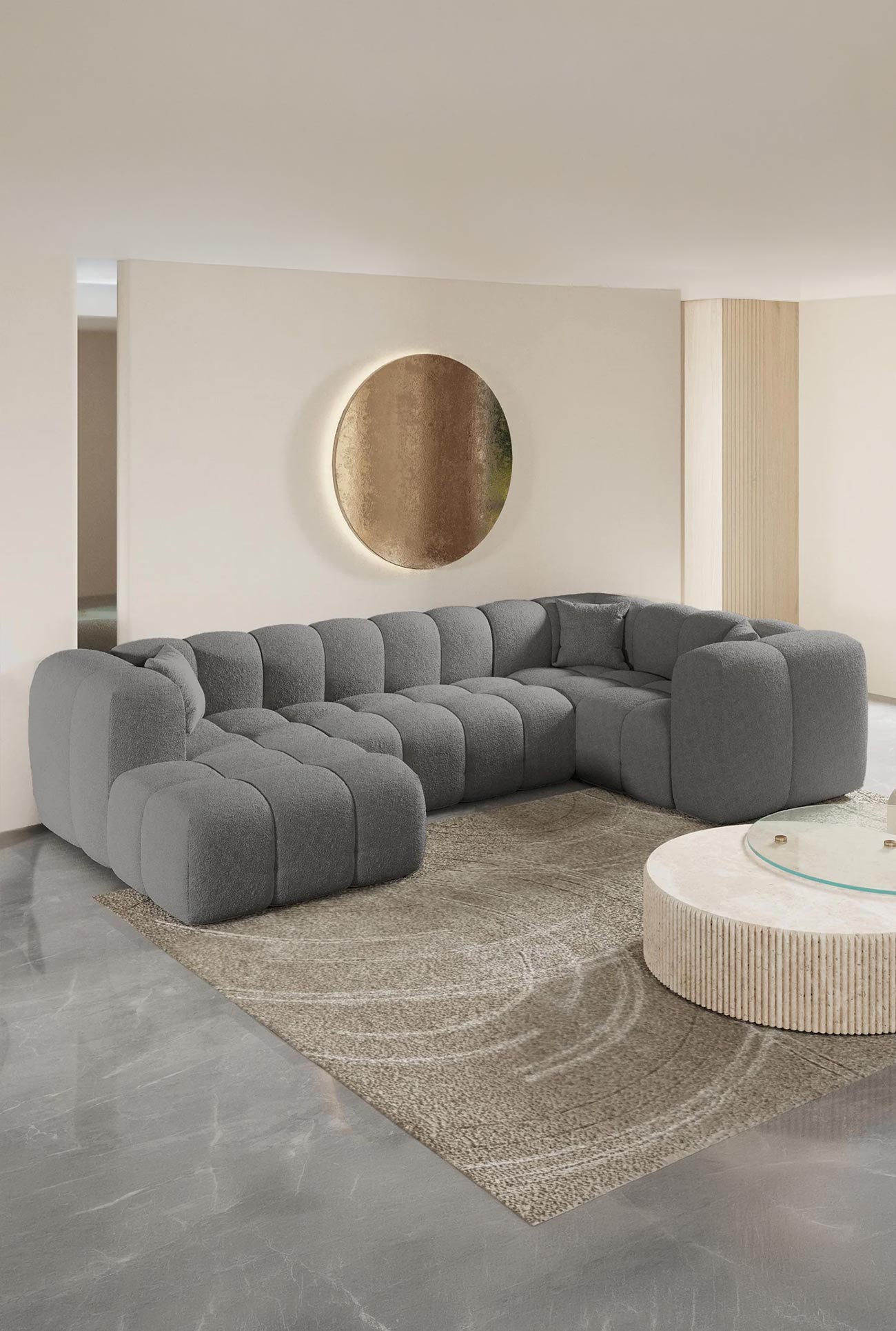 LAYANE – Canapés d'angle, panoramiques et 3 places en tissu bouclette - Mobilier Deco