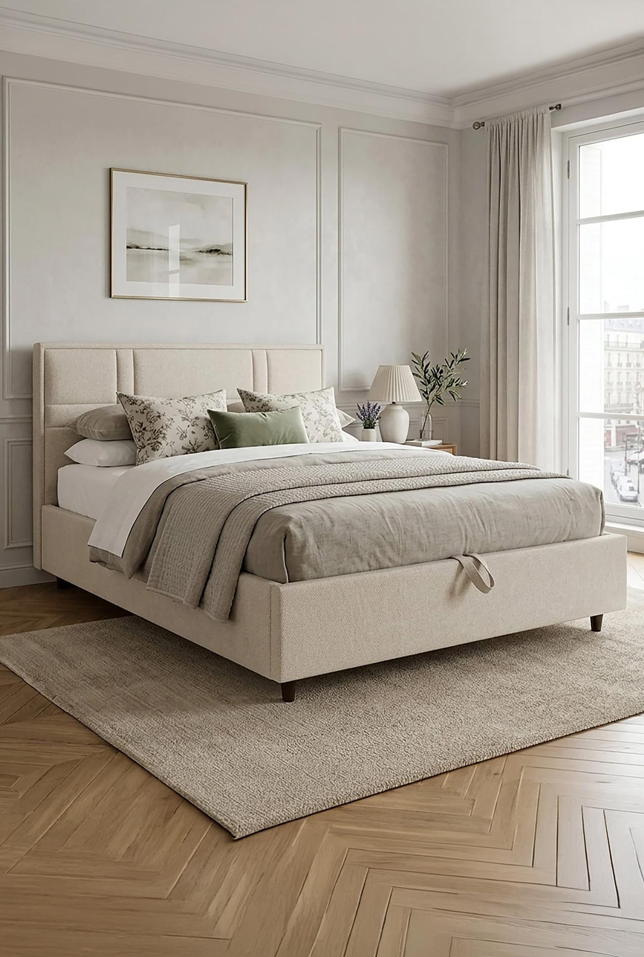 SANEL - Lits doubles en tissu beige avec coffre - Mobilier Deco