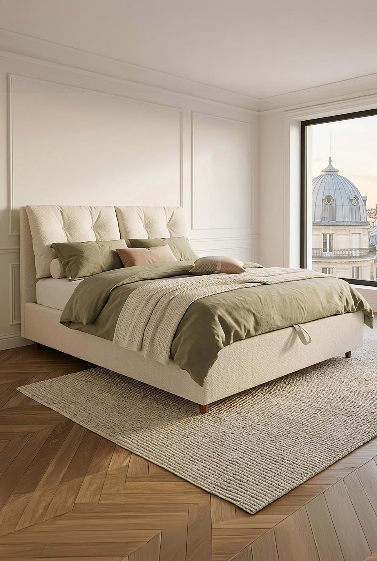 SORA - Lits doubles en tissu beige avec coffre - Mobilier Deco