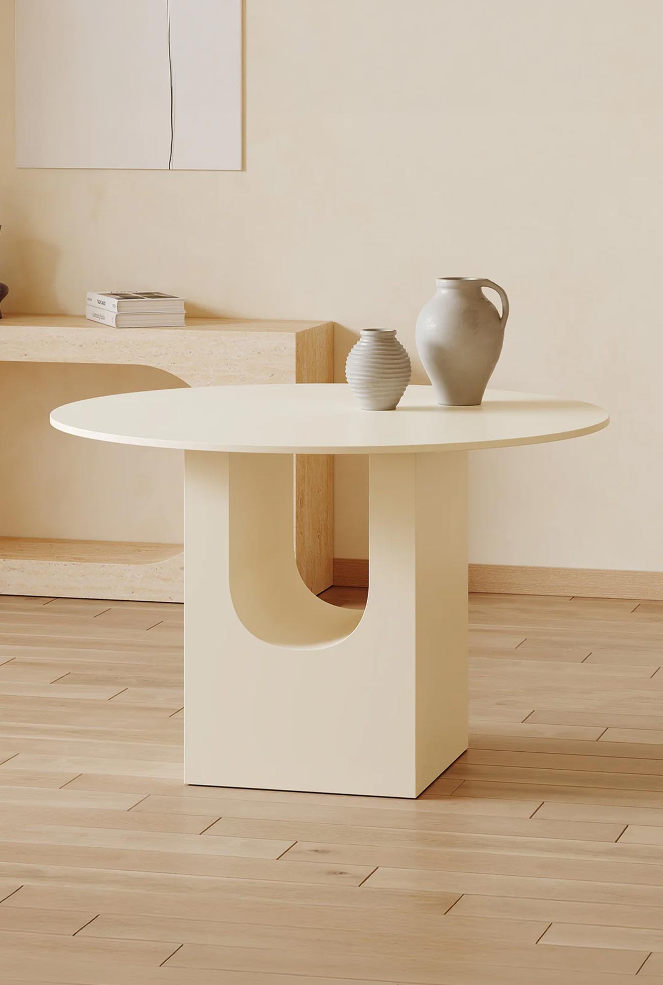 TAYZA - Tables à manger rondes beige et effet travertin 120 cm - Mobilier Deco