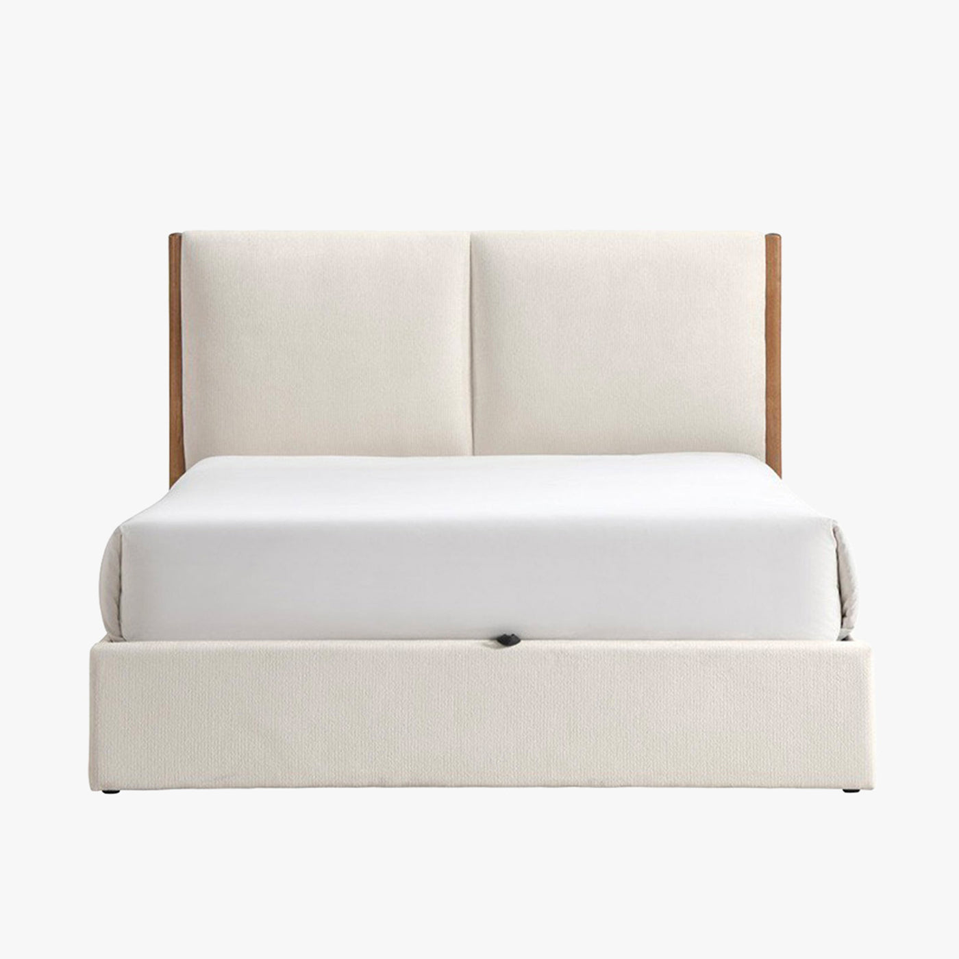 JUNA Lit double en tissu beige et bois avec coffre 180x200 cm