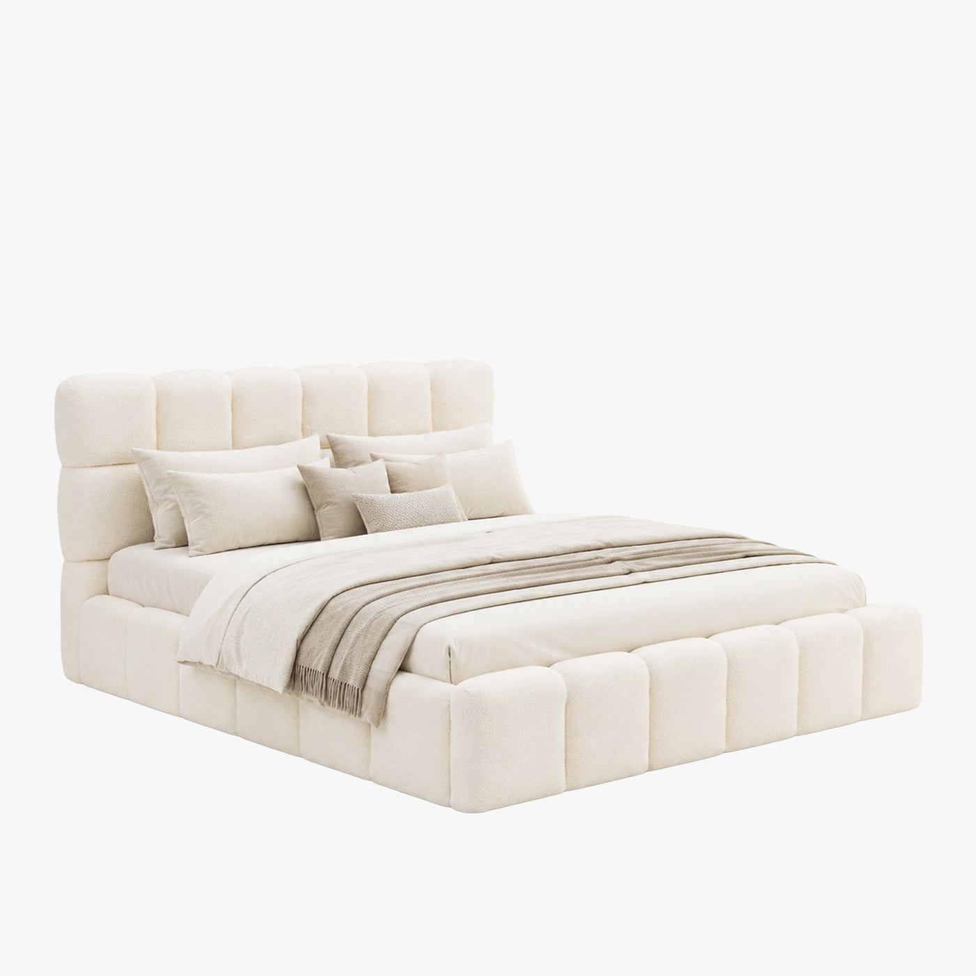 LORY Lit double en tissu bouclette beige avec coffre 160x200 cm