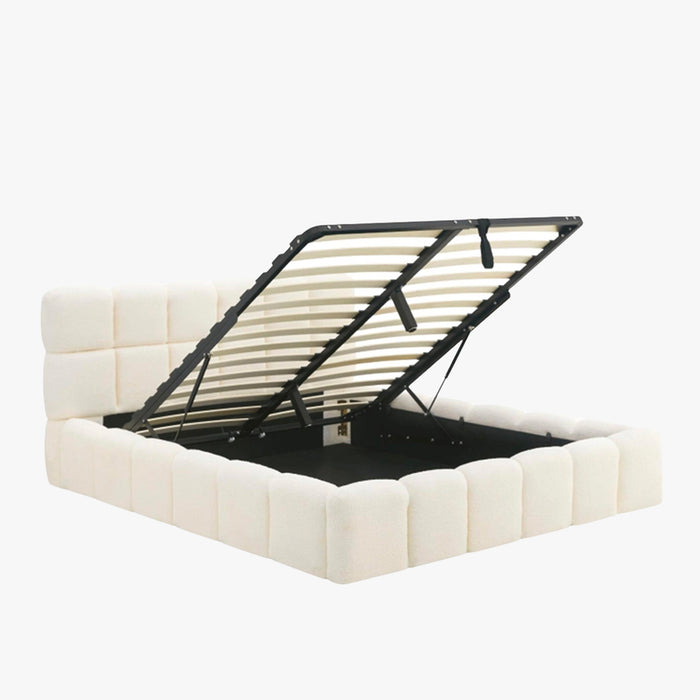 LORY Lit double en tissu bouclette beige avec coffre 160x200 cm