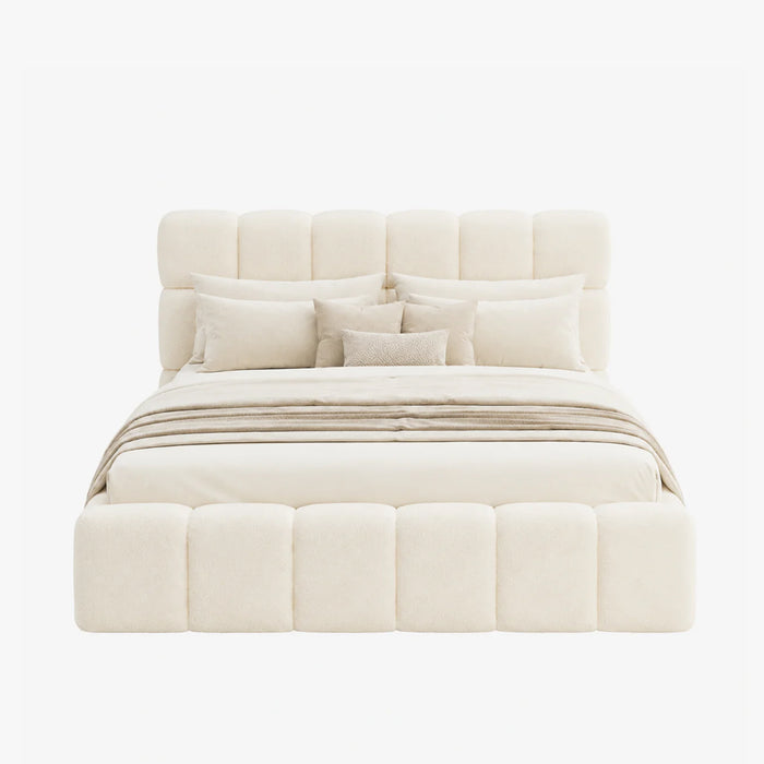 LORY Lit double en tissu bouclette beige avec coffre 160x200 cm