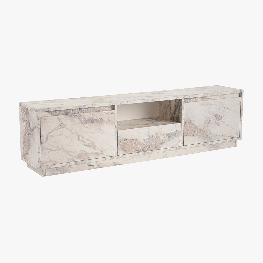 VIANA Meuble TV 3 portes 1 niche couleur marbre blanc et gris