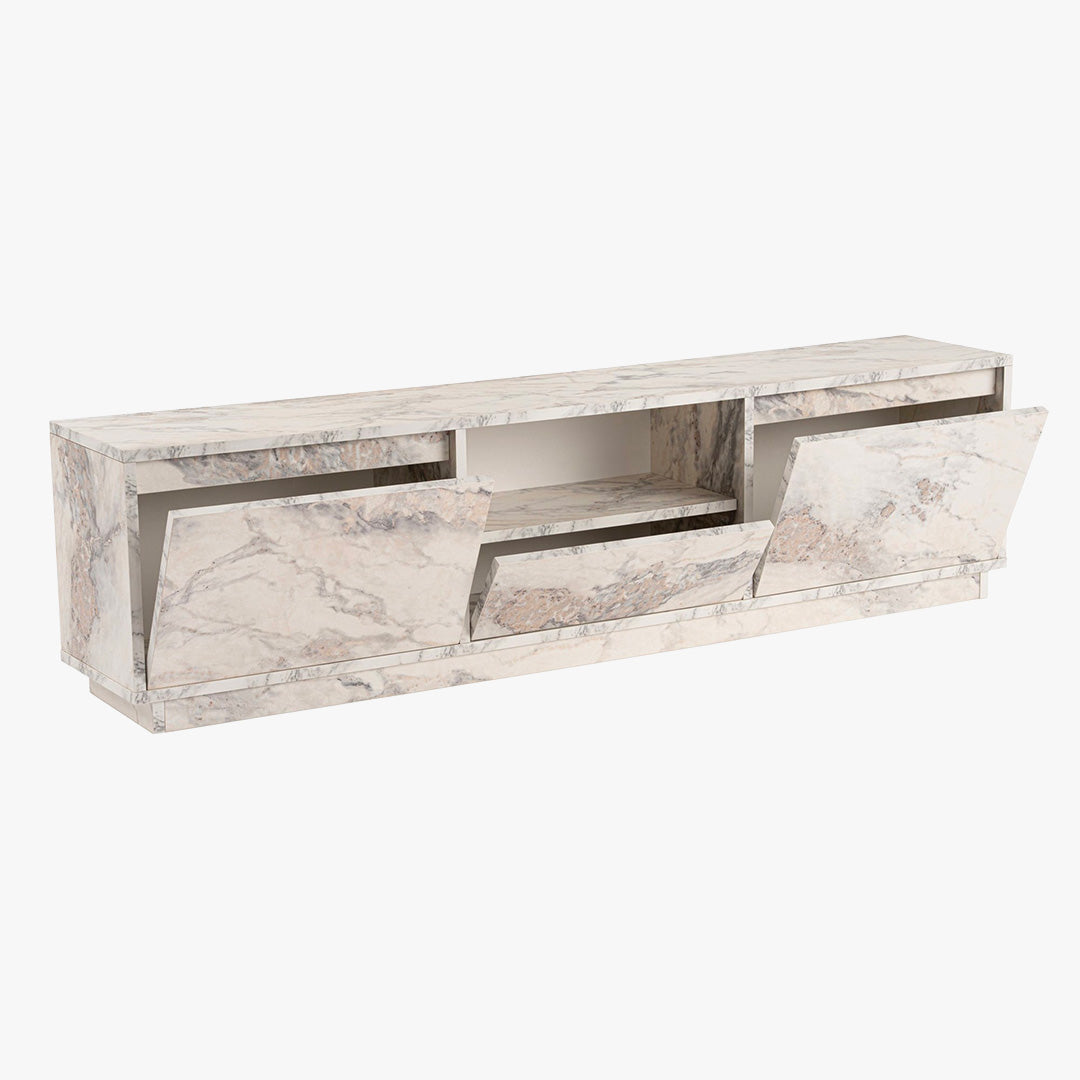 VIANA Meuble TV 3 portes 1 niche couleur marbre blanc et gris