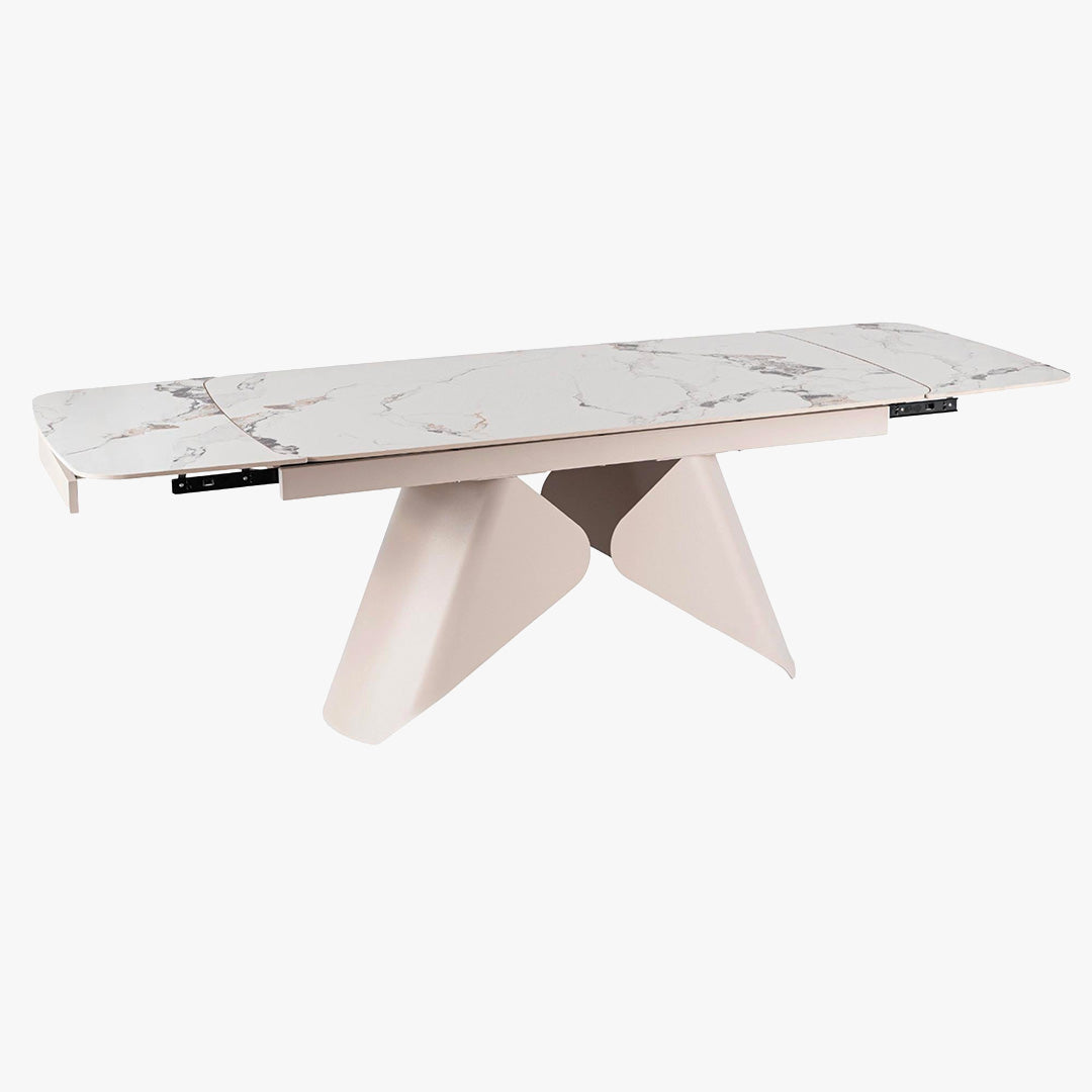 STACY Table à manger extensible en céramique couleur marbre blanc pieds en métal 160-240 cm