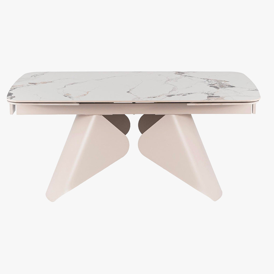 STACY Table à manger extensible en céramique couleur marbre blanc pieds en métal 160-240 cm