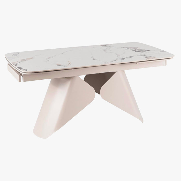 STACY Table à manger extensible en céramique couleur marbre blanc pieds en métal 160-240 cm