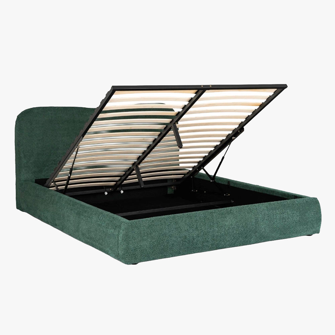 BRISTOL Lit double en tissu bouclette vert avec coffre 160x200 cm