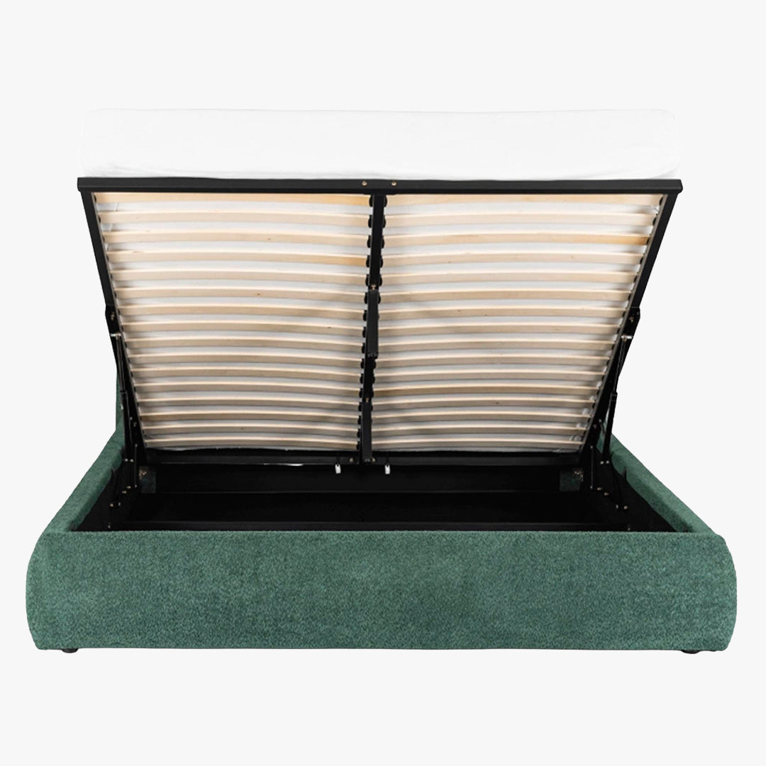 BRISTOL Lit double en tissu bouclette vert avec coffre 160x200 cm
