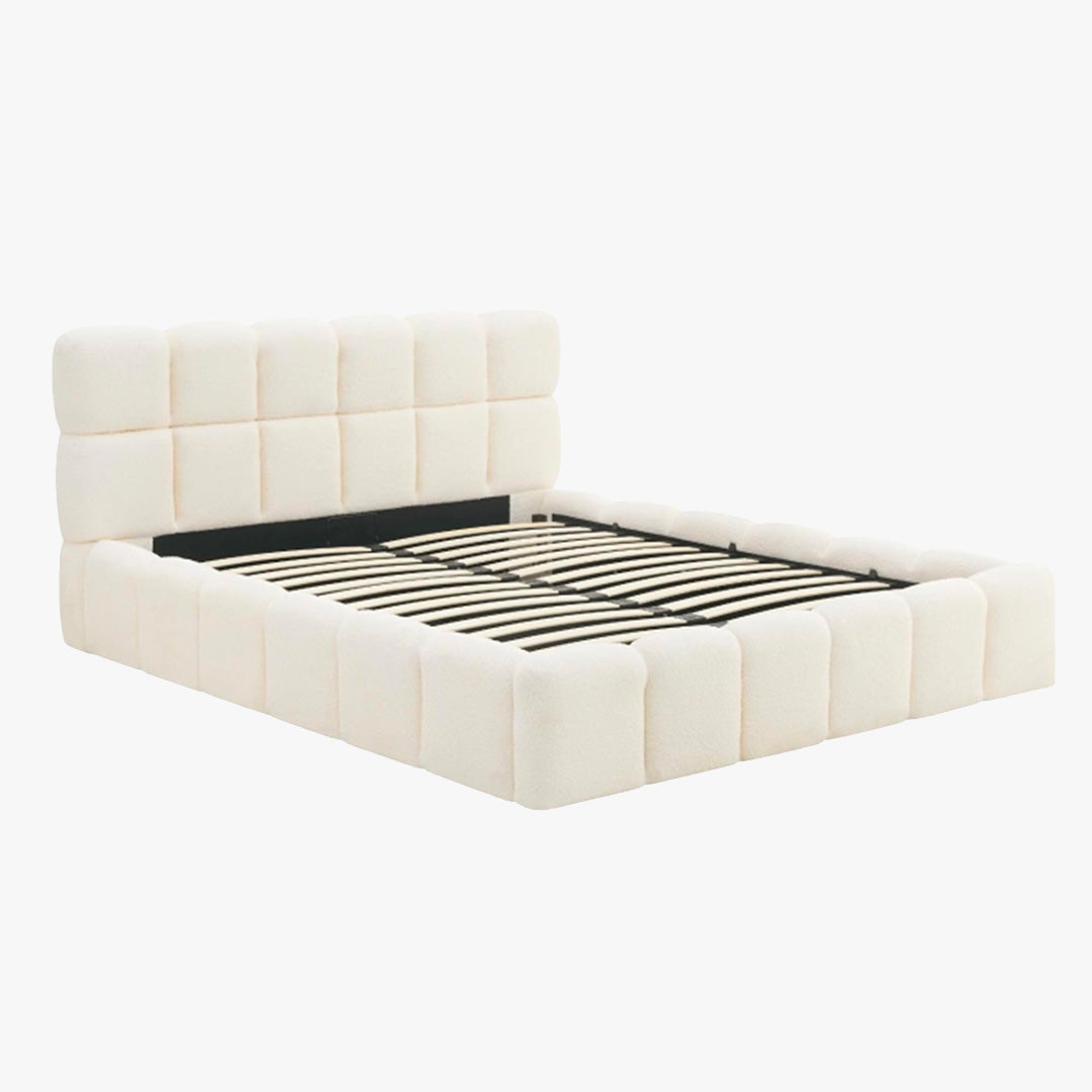 LORY Lit double en tissu bouclette beige avec coffre 160x200 cm