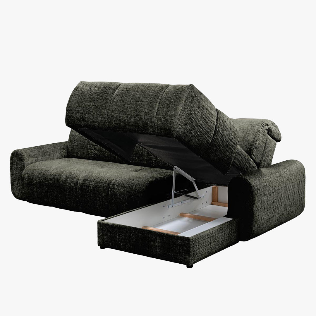 ELIOS Canapé d'angle convertible avec coffre en tissu vert sapin - Angle droit