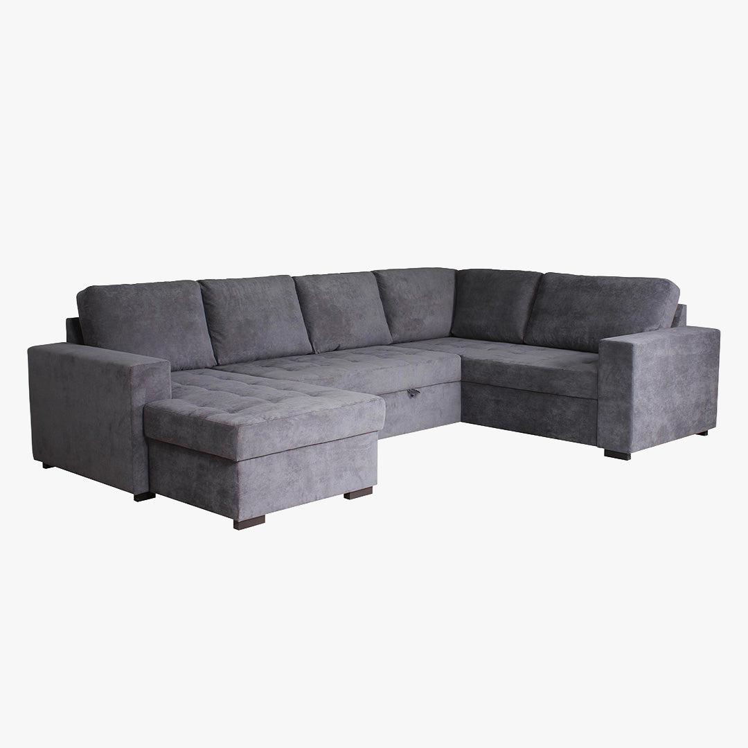 CYRUS Canapé panoramique convertible avec coffre en tissu gris - Angle gauche