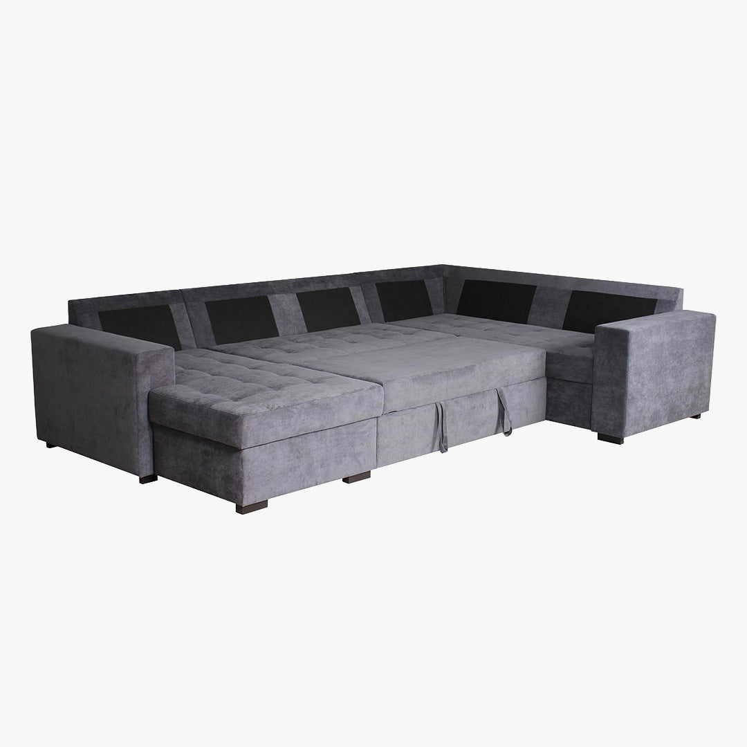 CYRUS Canapé panoramique convertible avec coffre en tissu gris - Angle gauche