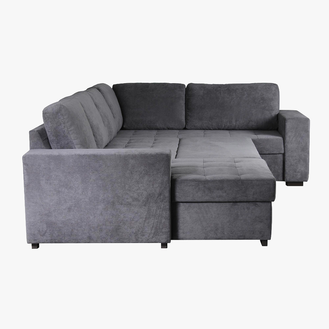 CYRUS Canapé panoramique convertible avec coffre en tissu gris - Angle gauche