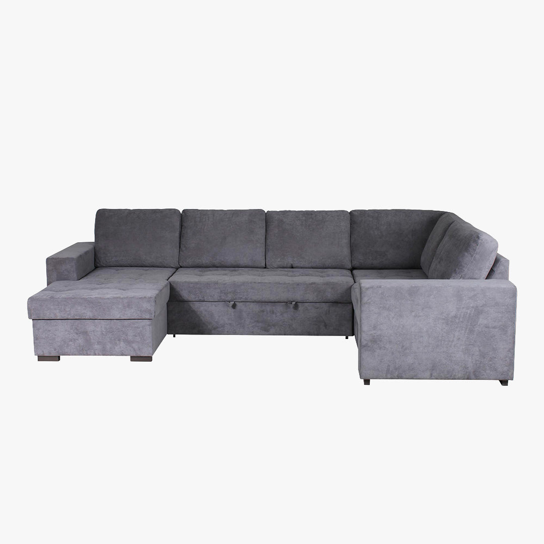 CYRUS Canapé panoramique convertible avec coffre en tissu gris - Angle gauche