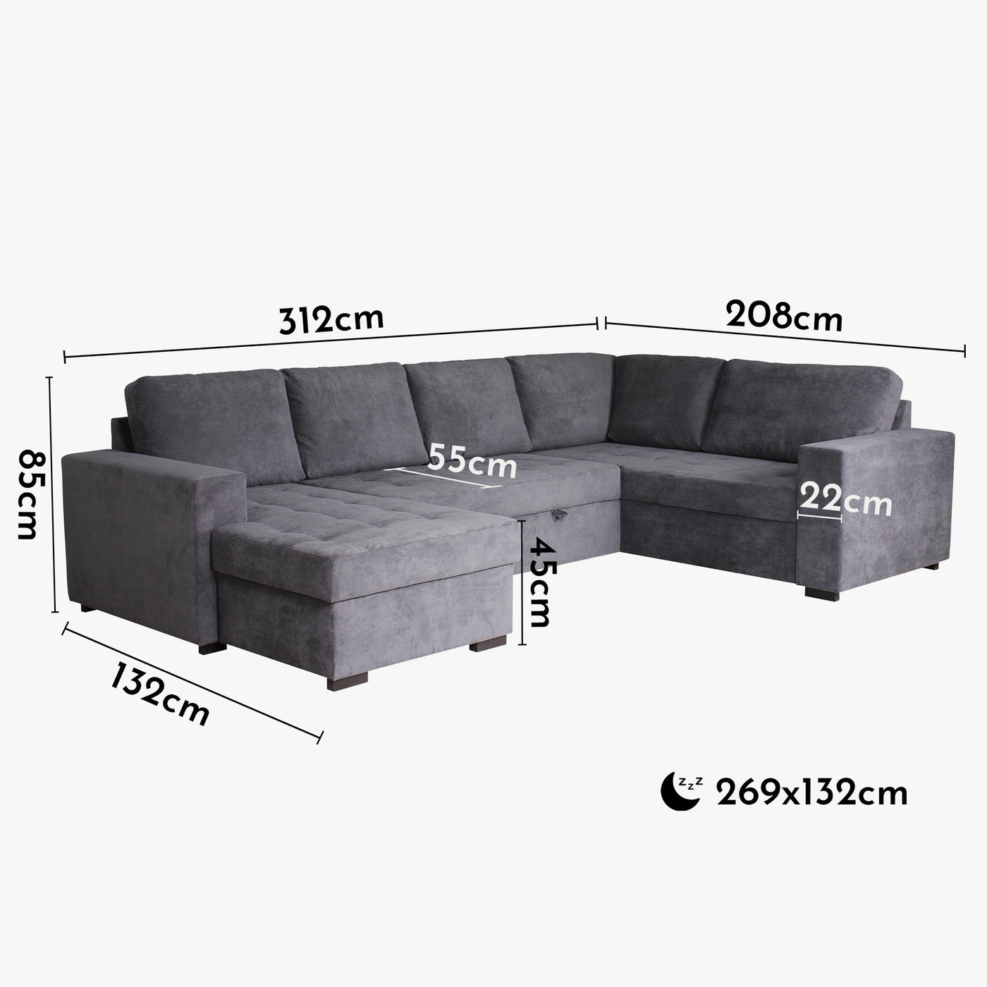 CYRUS Canapé panoramique convertible avec coffre en tissu gris - Angle gauche