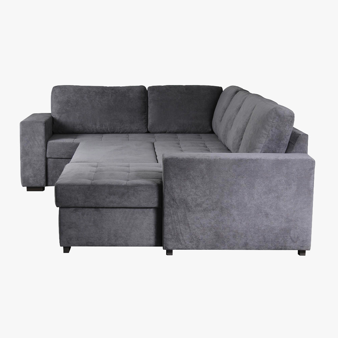 CYRUS Canapé panoramique convertible avec coffre en tissu gris - Angle droit
