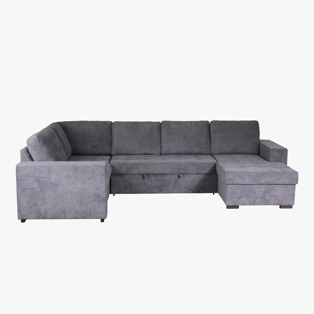 CYRUS Canapé panoramique convertible avec coffre en tissu gris - Angle droit