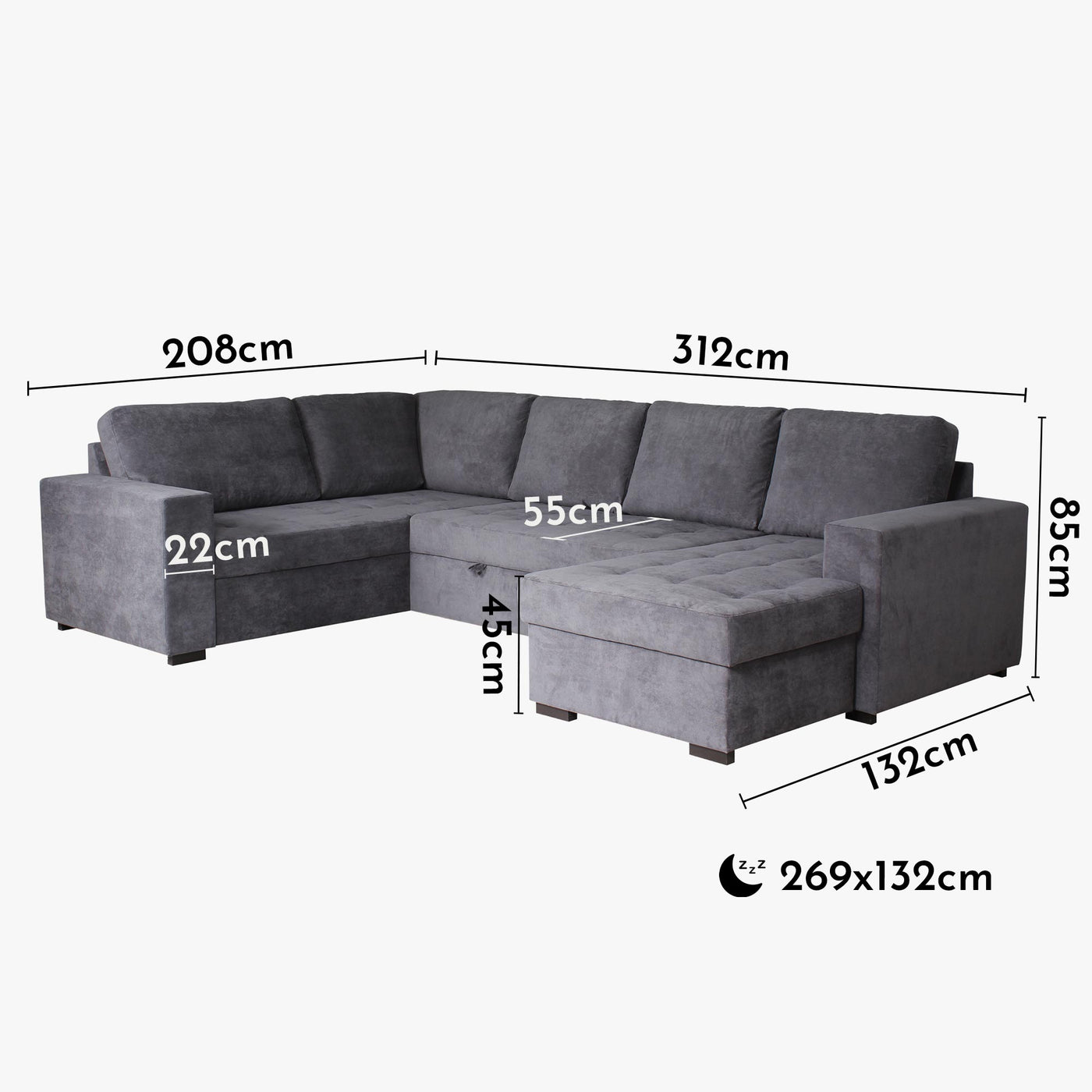 CYRUS Canapé panoramique convertible avec coffre en tissu gris - Angle droit