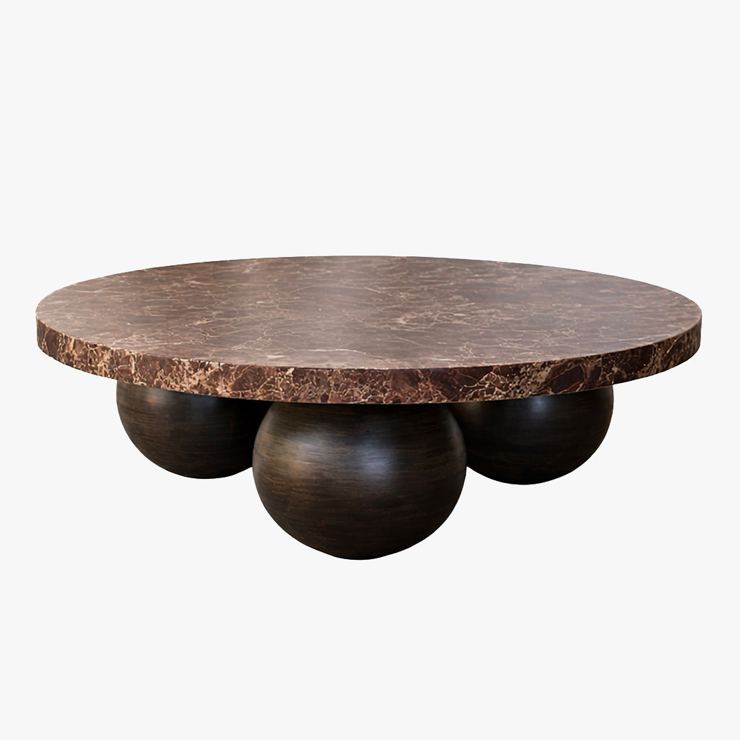 GIORGIA Table basse en marbre d'ingénierie marron pieds rond bois massif noir