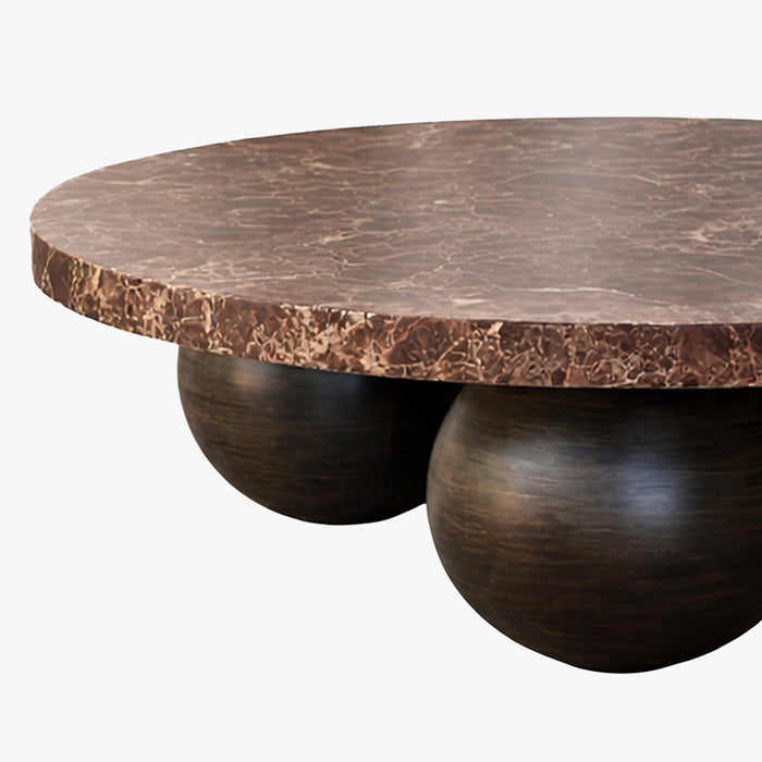 GIORGIA Table basse en marbre d'ingénierie marron pieds rond bois massif noir