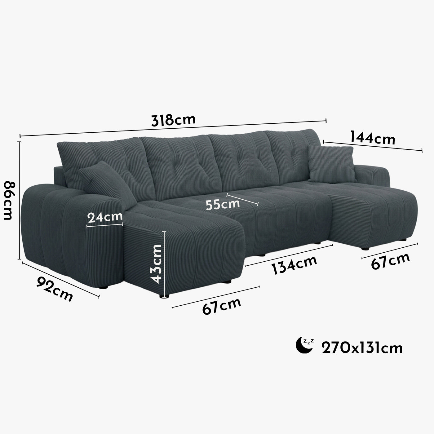 ALYA XL Canapé panoramique convertible avec coffre en velours côtelé gris foncé