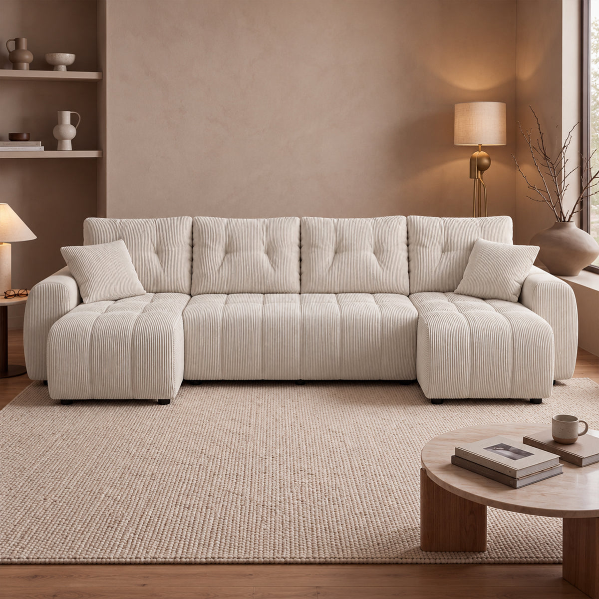 ALYA XL Canapé panoramique convertible avec coffre en velours côtelé beige - Canapés panoramiques - Mobilier Deco