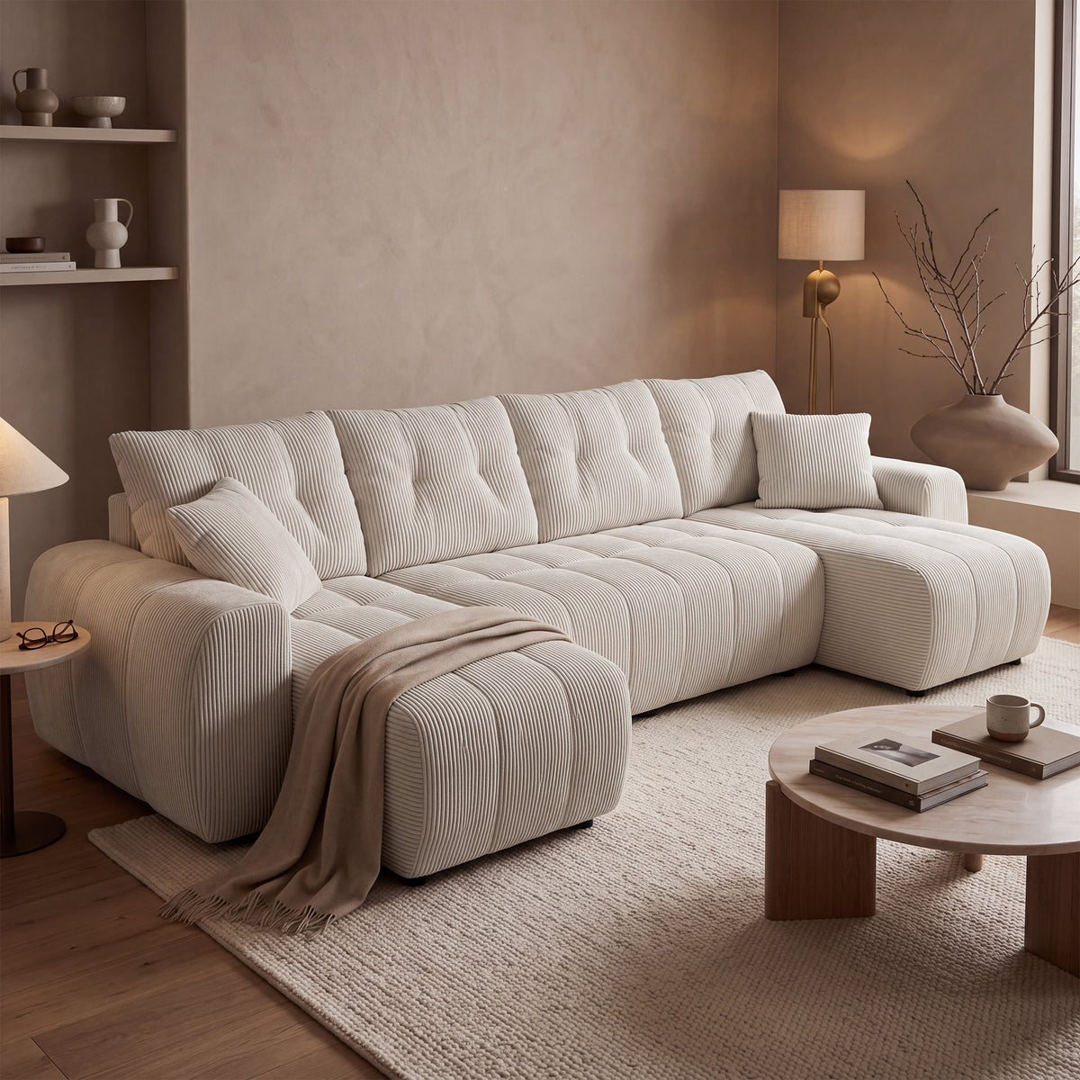 ALYA XL Canapé panoramique convertible avec coffre en velours côtelé beige - Canapés panoramiques - Mobilier Deco