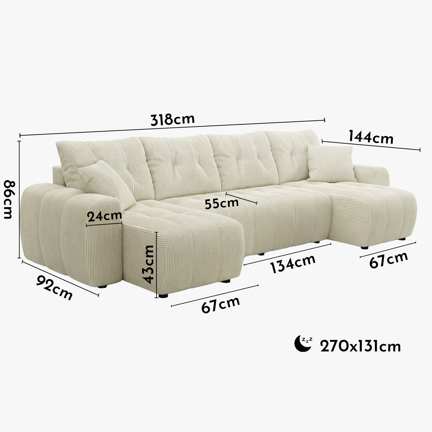 ALYA XL Canapé panoramique convertible avec coffre en velours côtelé beige