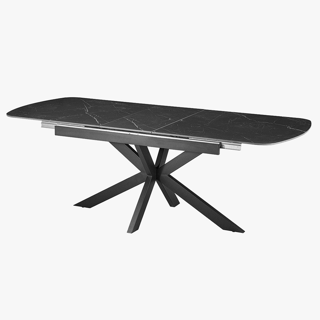 HESTIA Table extensible rectangulaire en pierre frittée noir pieds en métal noir 180-220 cm