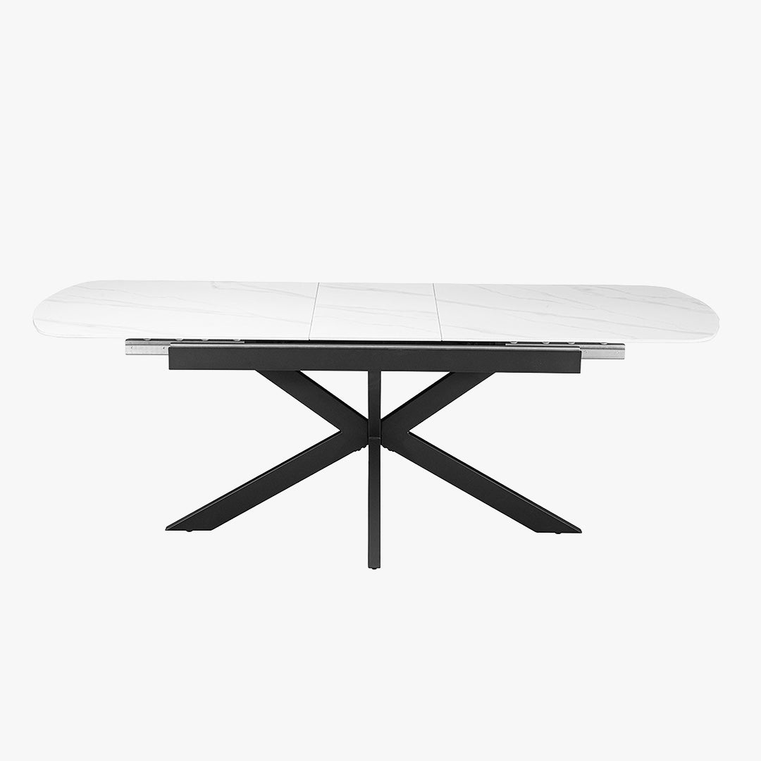 HESTIA Table extensible rectangulaire en pierre frittée blanc pieds en métal noir 180-220 cm