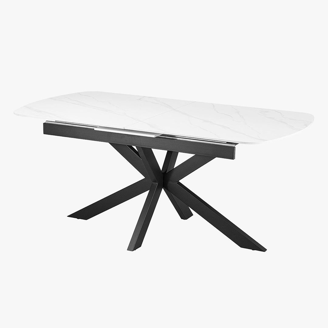 HESTIA Table extensible rectangulaire en pierre frittée blanc pieds en métal noir 180-220 cm